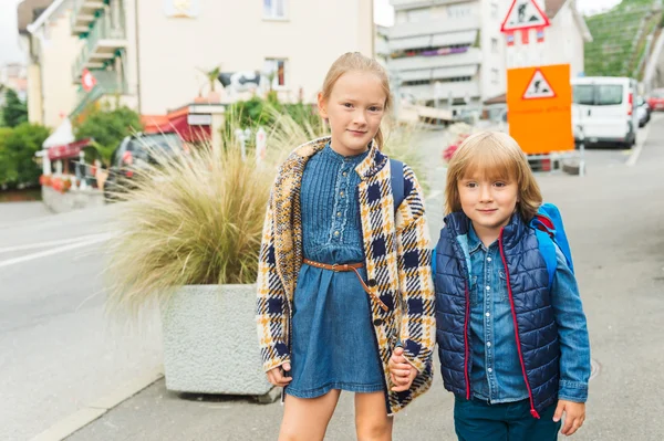 Schattige jonge geitjes met rugzakken lopen naar school — Stockfoto