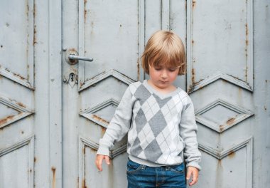 Outdoor portrait of a cute toddler boy wearing grey pullover