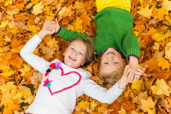 Bambini adorabili che giocano nel parco autunnale, adagiati su foglie gialle e arancioni — Foto Stock