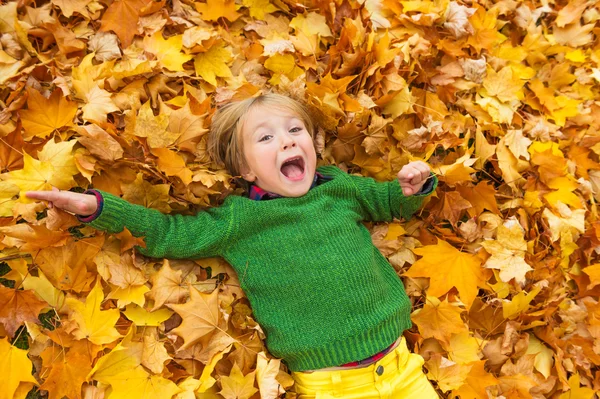 Autumn portrait of a cute little boy of 4 years old, playing with yellow leaves in the park, wearing green pullover — Stock Photo, Image