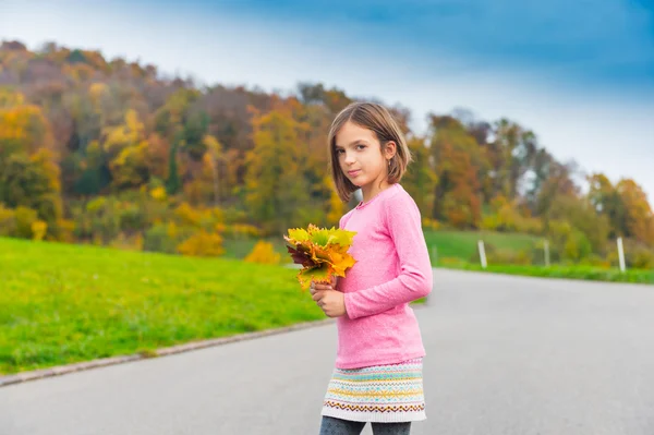 Ritratto autunnale di una graziosa bambina all'aperto, con mazzo di foglie gialle — Foto Stock