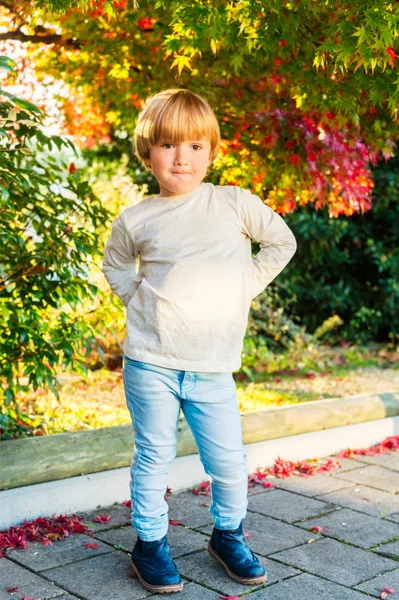 Buiten herfst portret van een schattige kleine jongen van 4 jaar oud op een mooie zonnige dag — Stockfoto