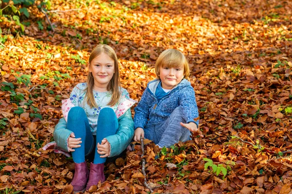 Retrato de outono de uma menina bonito e seu irmãozinho, jogando na floresta — Fotografia de Stock