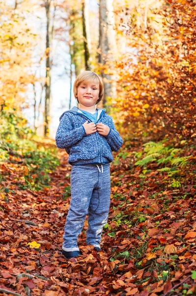 Ritratto autunnale di un bambino carino nella foresta, con giacca e joggers blu a maglia — Foto Stock