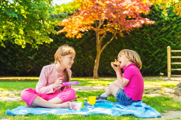 Двоє милих дітей, маленька дівчинка і її брат, мають пікнік на відкритому повітрі в парку — стокове фото