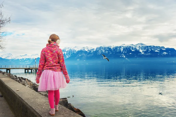 Adorable little girl walking by the lake Geneva on a cold winter day, wearing warm pink pullover, tutu skirt, tights and shoes, back view — Stock Photo, Image