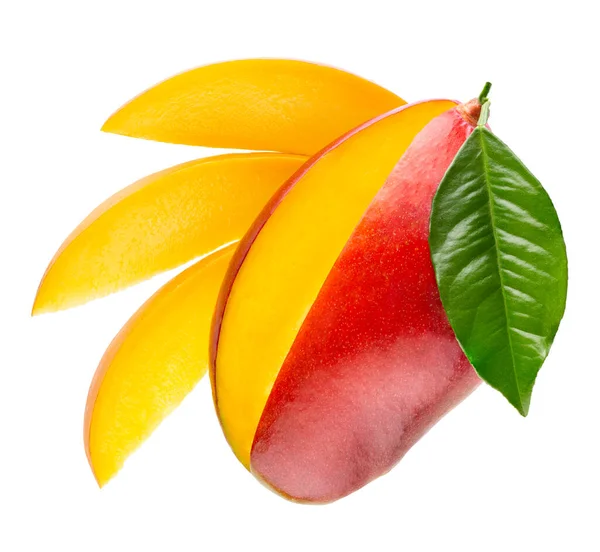 Zralé Mango Plátky Izolované Bílém Pozadí Ořezávání Cestu — Stock fotografie
