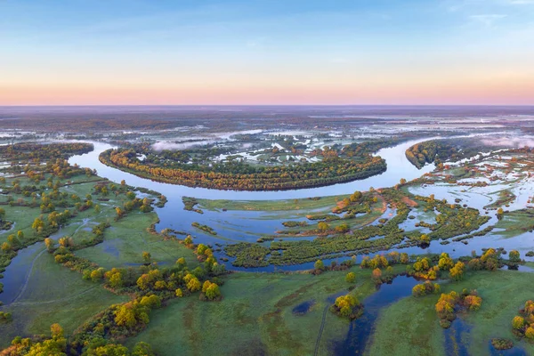Lkbahar Taşkınları Sırasında Prypiac Pripyat Nehrinin Taşkın Ovasının Havadan Çekilmiş — Stok fotoğraf