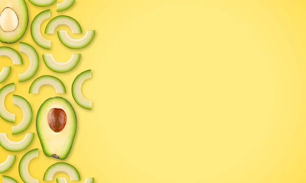 Flat Lay Composition Avocado Slices Yellow Background Copy Space — Stock Photo, Image