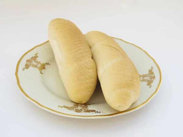 Fresh Homemade Rolls Porcelain Plate White Background Selective Focus Photo — Stock Photo, Image