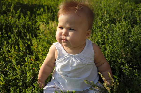 Baby på gräset, vinden blåser — Stockfoto