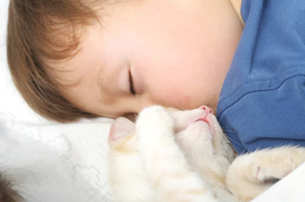 Niño y gato durmiendo dulce — Foto de Stock