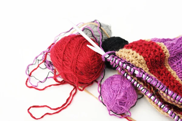 Colored woolen yarns and knitting — Stock Photo, Image