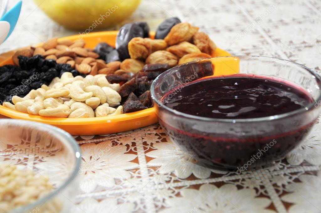 dried fruits, nuts and currant jam