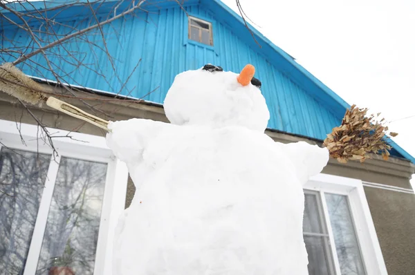 Muñeco de nieve con zanahoria como nariz y carbón como ojos —  Fotos de Stock