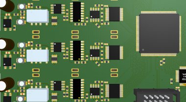 Rezistanslar, kapasitörler, konektörler ve çip ile PCB yeşil