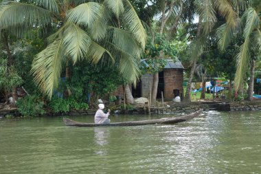 KERALA, Hindistan - CIRCA ECTOBER 2017: Tuzlu su gölleri, göller, kanallar ve nehirlerden oluşan durgun bir ağ