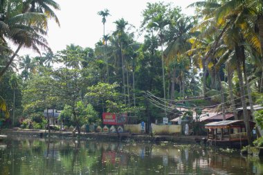 KERALA, Hindistan - CIRCA ECTOBER 2017: Tuzlu su gölleri, göller, kanallar ve nehirlerden oluşan durgun bir ağ