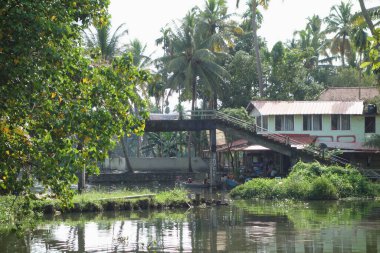 KERALA, Hindistan - CIRCA ECTOBER 2017: Tuzlu su gölleri, göller, kanallar ve nehirlerden oluşan durgun bir ağ
