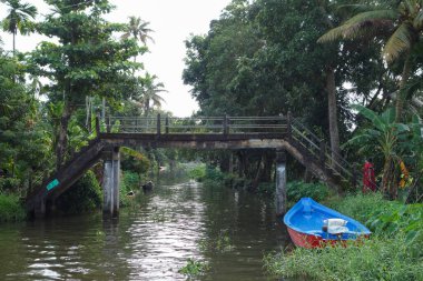 KERALA, Hindistan - CIRCA ECTOBER 2017: Tuzlu su gölleri, göller, kanallar ve nehirlerden oluşan durgun bir ağ