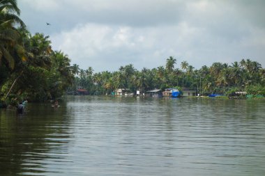 KERALA, Hindistan - CIRCA ECTOBER 2017: Tuzlu su gölleri, göller, kanallar ve nehirlerden oluşan durgun bir ağ