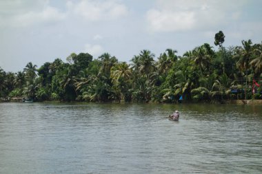 KERALA, Hindistan - CIRCA ECTOBER 2017: Tuzlu su gölleri, göller, kanallar ve nehirlerden oluşan durgun bir ağ