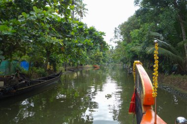 KERALA, Hindistan - CIRCA ECTOBER 2017: Tuzlu su gölleri, göller, kanallar ve nehirlerden oluşan durgun bir ağ