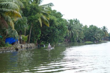 KERALA, Hindistan - CIRCA ECTOBER 2017: Tuzlu su gölleri, göller, kanallar ve nehirlerden oluşan durgun bir ağ