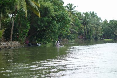 KERALA, Hindistan - CIRCA ECTOBER 2017: Tuzlu su gölleri, göller, kanallar ve nehirlerden oluşan durgun bir ağ