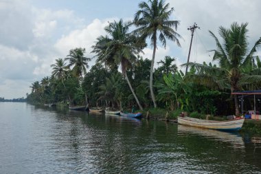 KERALA, Hindistan - CIRCA ECTOBER 2017: Tuzlu su gölleri, göller, kanallar ve nehirlerden oluşan durgun bir ağ