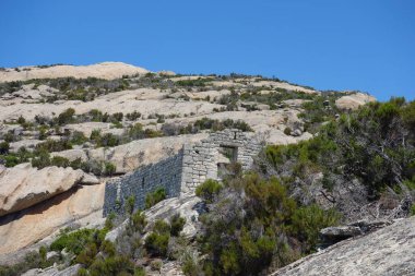 İtalya 'nın Portoferraio kentindeki Toskana Takımadası' nın bir parçası olan Tyrhenian Denizi 'ndeki Montecristo Adası' ndaki Santa Maria kilise değirmeni.