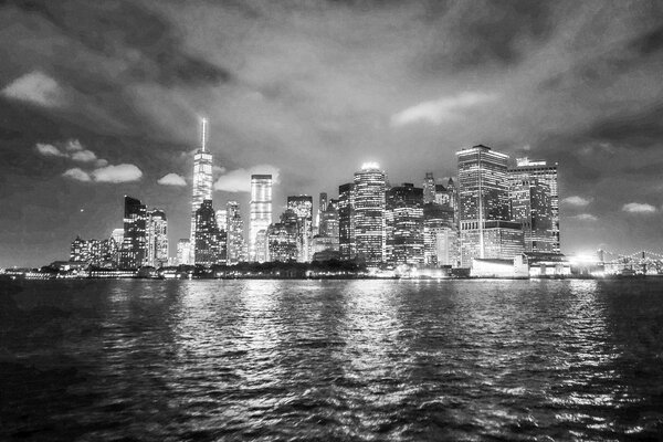 View of Manhattan in New York at night in black and white