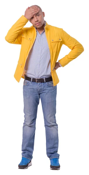 Hombre cansado carácter celebración de la mano en el recorte de la frente — Foto de Stock