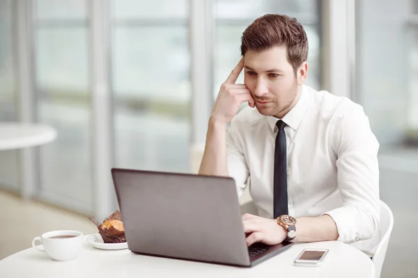 Agradable hombre de negocios que trabaja en el portátil — Foto de Stock