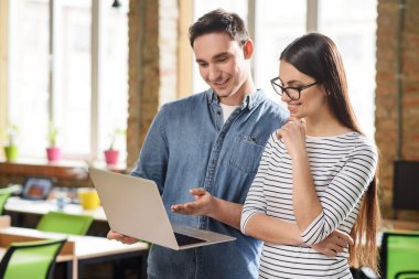 Güzel meslektaşları ofiste dizüstü bilgisayar kullanarak