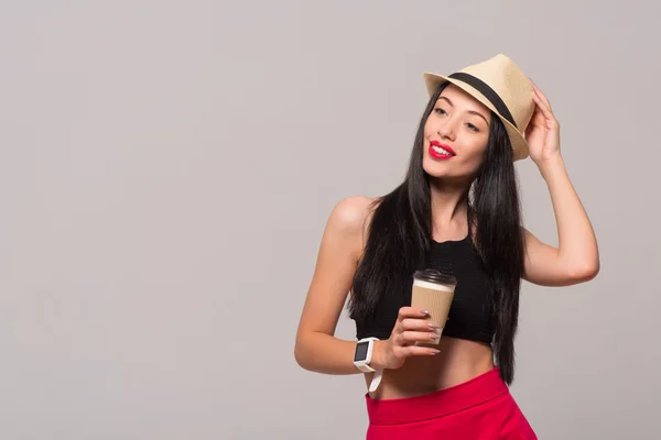 Pleasant magnetic woman drinking coffee — Stock Photo, Image