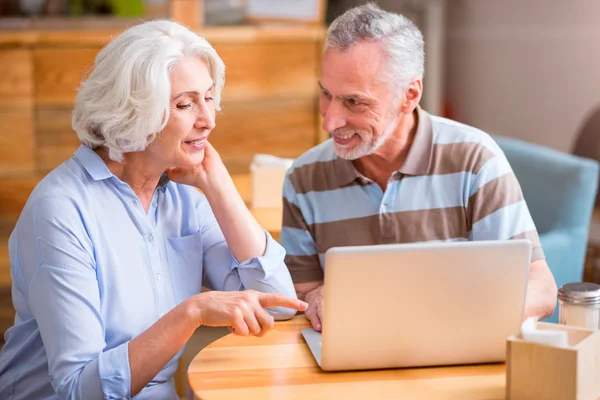 Casal positivo usando laptop — Fotografia de Stock