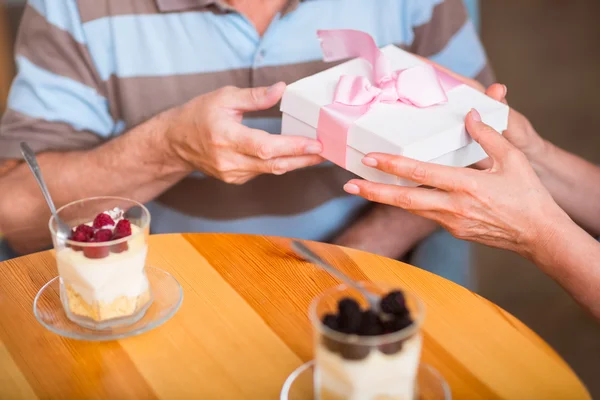 Pleasant senior couple sitting at the table — Stock Photo, Image