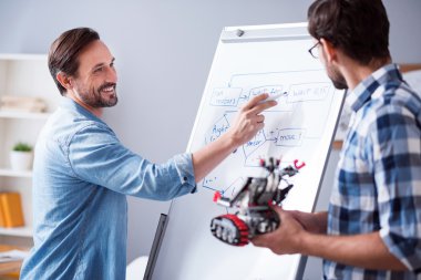 Proje üzerinde birlikte çalışan neşeli iş arkadaşları