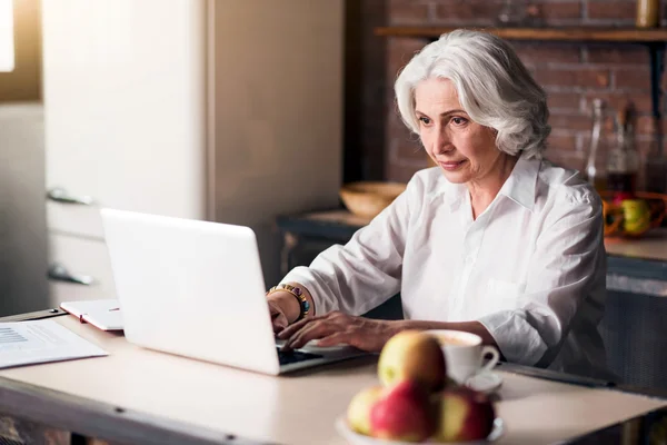 Bătrâna doamnă arătoasă folosind laptopul ei — Fotografie, imagine de stoc