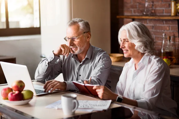 Happy senior couple using laptop at the kitchen — Stock Photo, Image