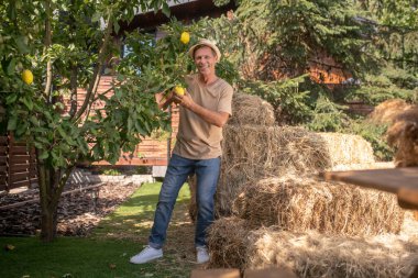 Hasır şapkalı mutlu adam bahçede limonlarla hokkabazlık yapıyor.