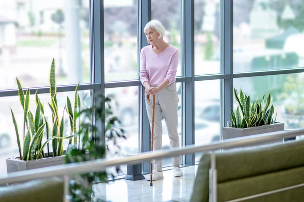 Elderly woman with a walking stick standing near the window