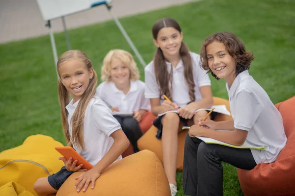 Grupo de alumnos que estudian juntos y se ven positivos — Foto de Stock