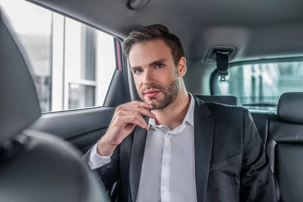 Brown-haired male sitting at backseat of car, touching his chin — Stock Photo, Image