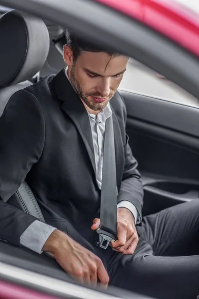 Male driver in suitcase fastening seat belt — Stock Photo, Image