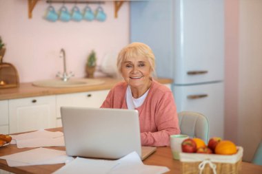 Dizüstü bilgisayarda çalışan kıdemli bir kadın ve memnun görünüyor.
