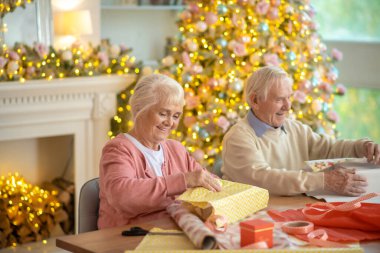 Yaşlı çift Noel hediyelerini paketliyor ve mutlu hissediyorlar.