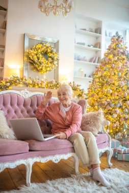 Kıdemli kadın bir video görüşmesi yapıyor ve elini sallıyor.