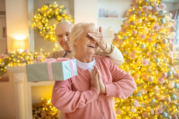 Idős férfi karácsonyi ajándékot ad a feleségének, és behunyja a szemét a kezével. — Stock Fotó